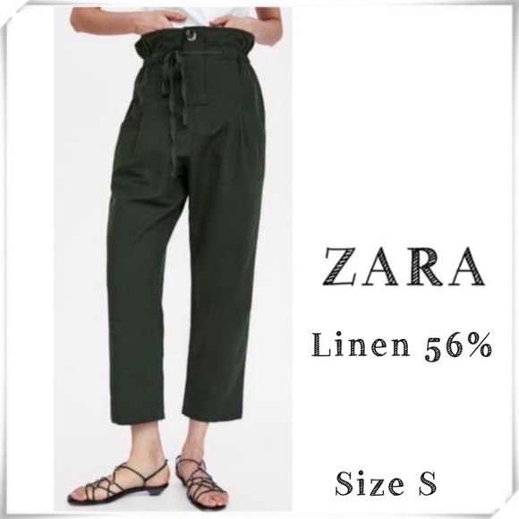 ZARA Blend Linen with Waist Drawstring Bloom Ankle Pants Trousers Green Size S - Picture 1 of 7